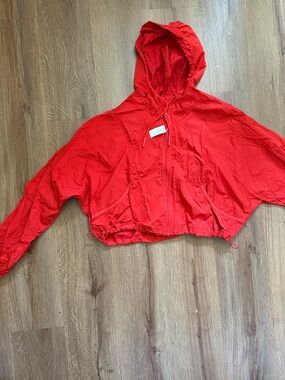 Aerie Cropped Red Hooded Windbreaker Jacket